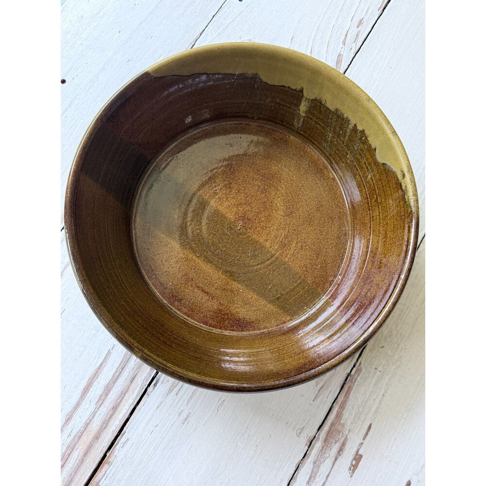 Signed Handmade Stoneware Pie Plate / Baker - Brown Mustard Studio Pottery